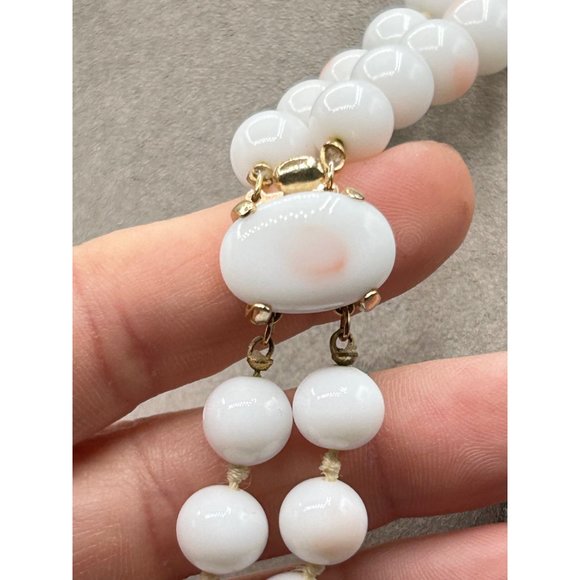 Signed TRIFARI Faux Angel Skin Coral Necklace Glass Beads Hand Knotted Strand - Picture 11 of 13